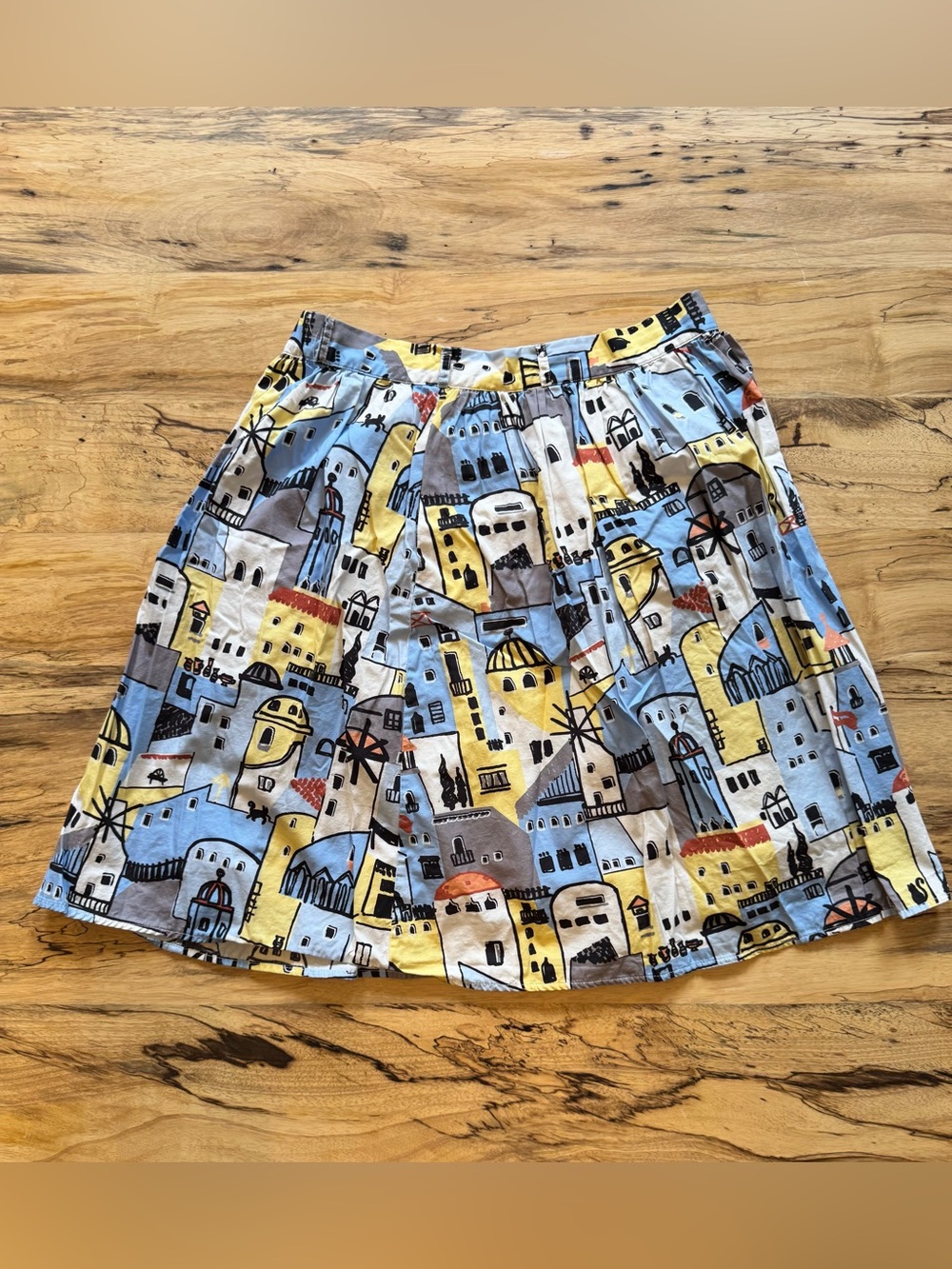ModCloth Santorini Cotton Circle Skirt in Blue, Yellow & Gray Village Print